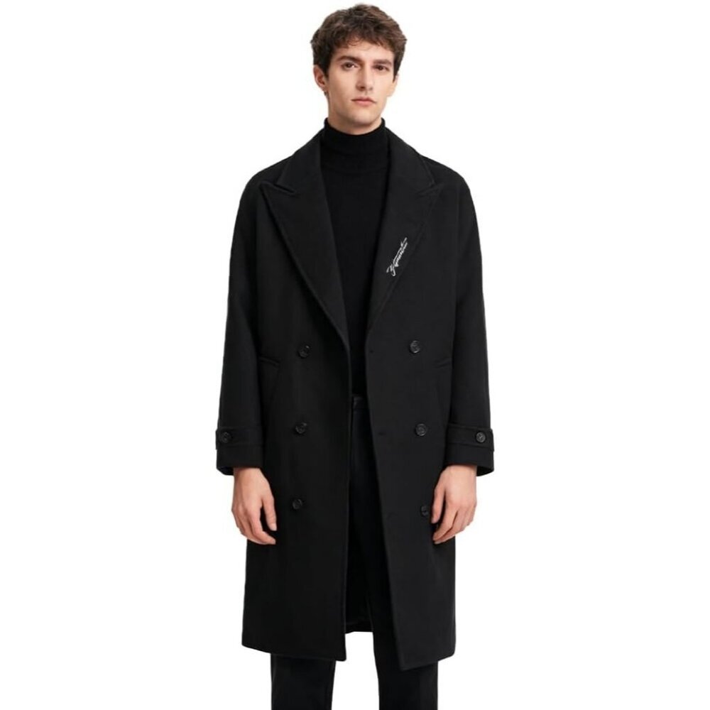 Men's Black 2 Trench Coat Long Sleeve Lapel Overcoat Casual Fall Winter Warm